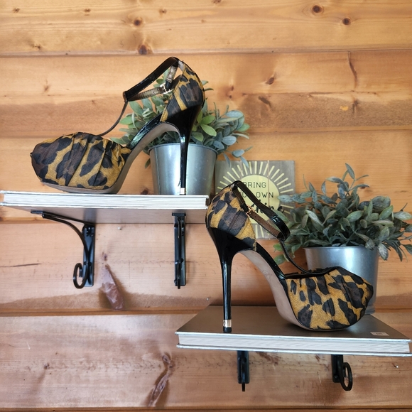 Sam Edelman 💜 Mckenna Leopard Platform Stilleto Ruched T-Strap Peep Heels 6.5 M - Picture 6 of 11